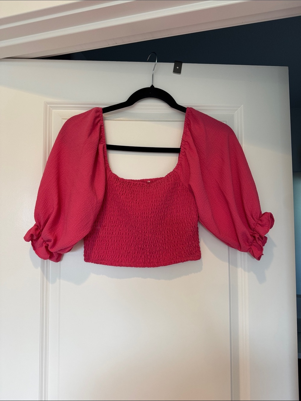Nordstrom Hot Pink Smocked Puff-Sleeve Crop Top